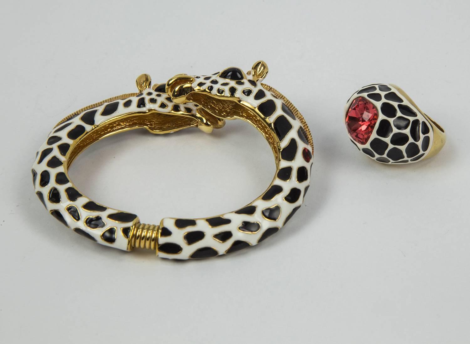 Striking KJL White and Black Enamel Giraffe Bangle Cuff Bracelet and Ring  1