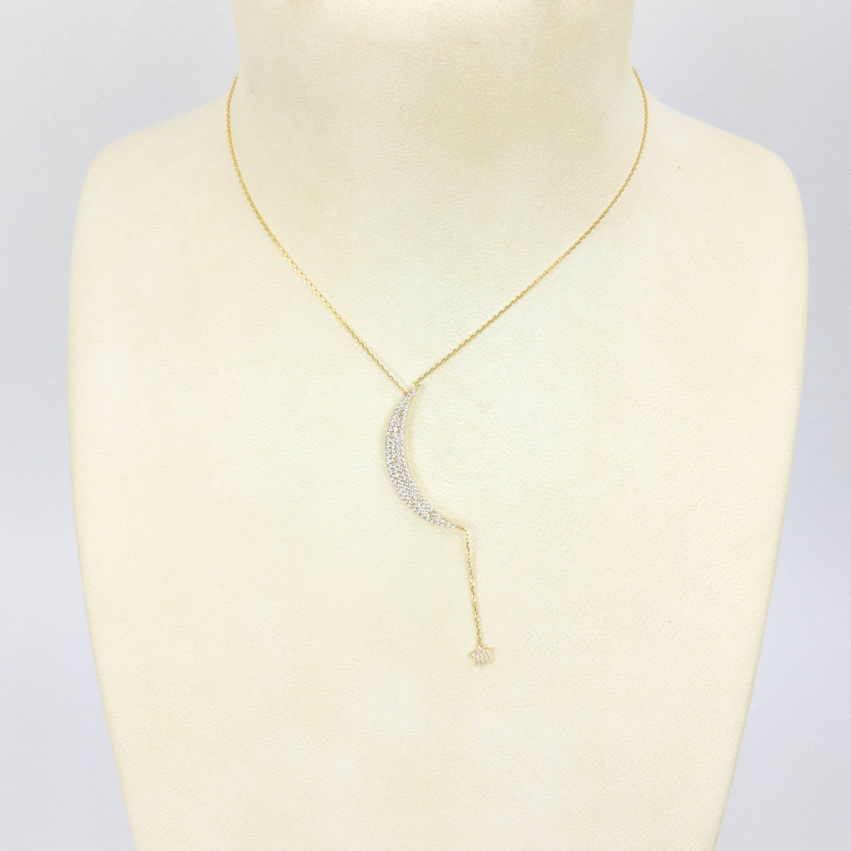 Modernist Moon and Star Gilt Sterling Silver Pendant Necklace