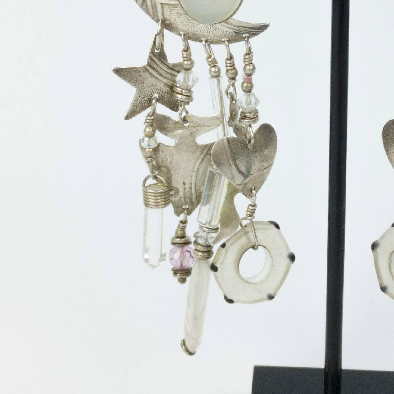 Amazing Moon and Stars Moonstone Sterling Silver Dangle Earrings In Excellent Condition In Montreal, QC