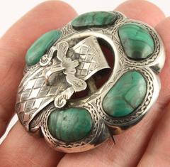 Impressive Victorian Scottish Agate Malachite Sterling Silver Brooch Pin c1890