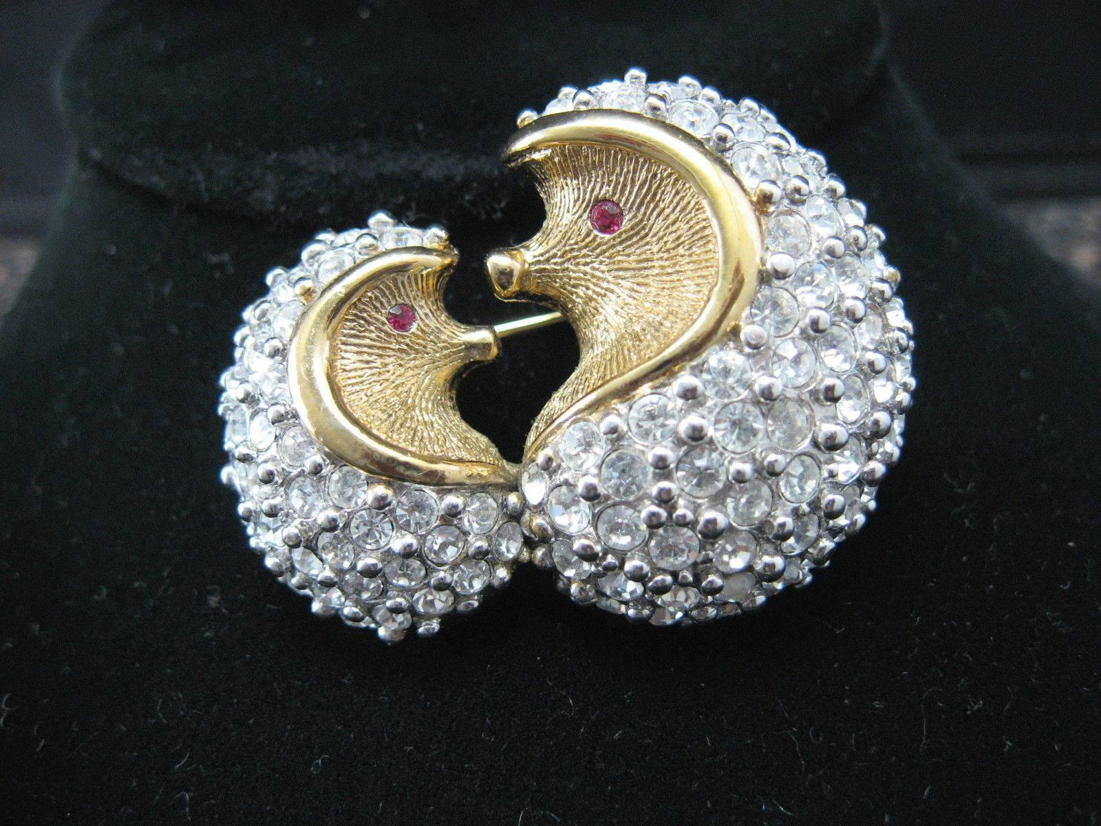 Modernist Delightful Mama and Baby Hedgehog Faux Diamond Statement Brooch Pin 