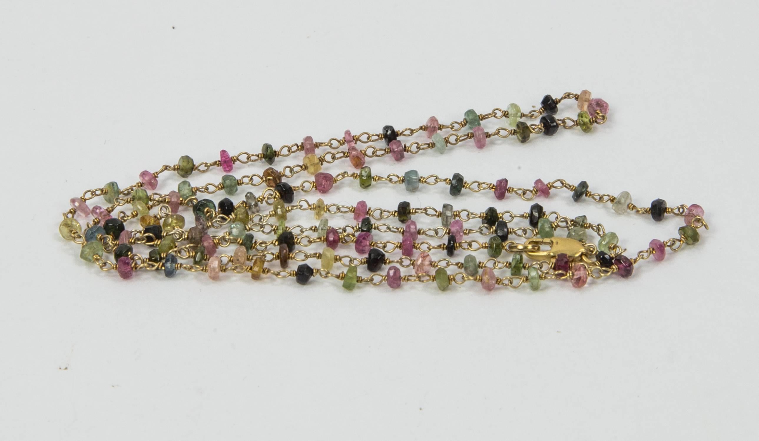Six Beautiful necklaces designed with multi Tourmaline and vermeil Sterling Silver chain. Hand crafted; varying lengths of 16”-32” long and bead size of approx. 2-3 mm; each necklace held by a lobster claw clasp. Tourmaline are rich in color and of