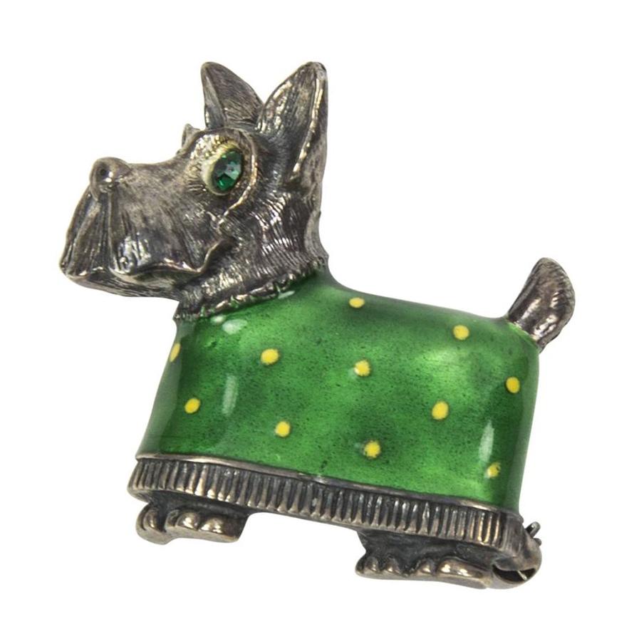 Modernist Enamel Scottie Dog Terrier Sterling Silver Brooch Pin 