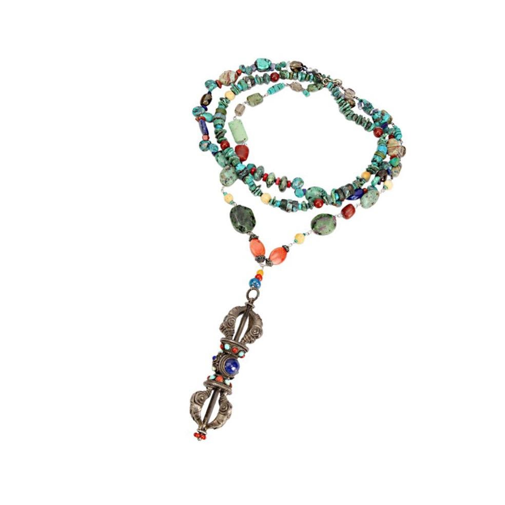 Taille mixte Collier d'affirmation Dorje en argent sterling avec turquoise, corail, agate et lapis-lazuli en vente