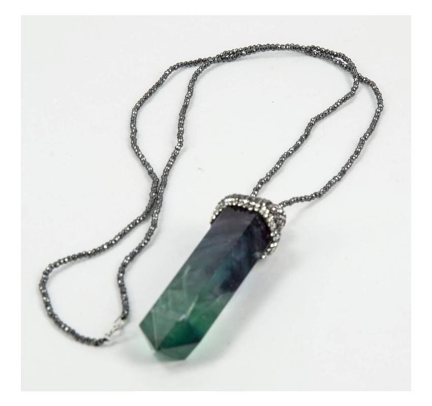 Faceted Multi-Colored Quartz Crystal and Hematite Long Drop Pendant Necklace In Excellent Condition In Montreal, QC