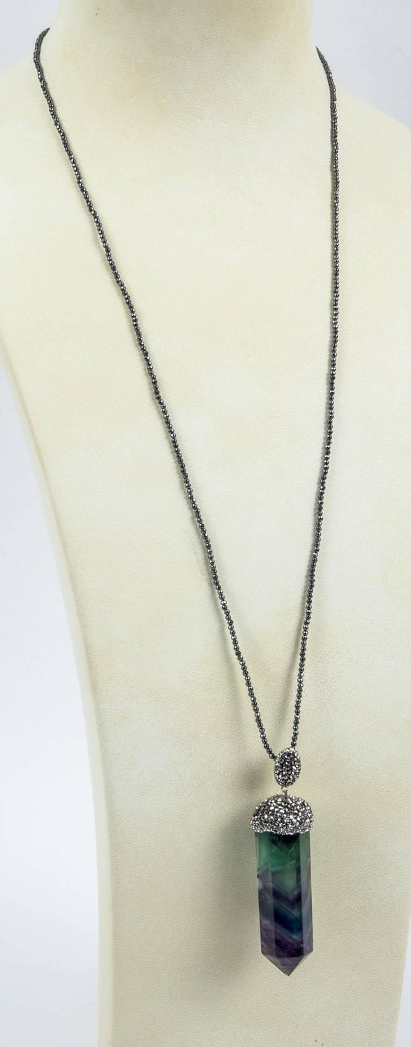 Long Faceted MultiColored Quartz Crystal and Hematite Drop Pendant