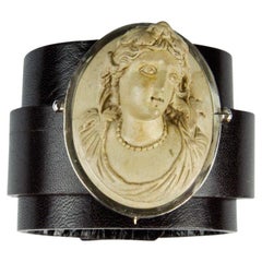 Antique Lava Cameo Brooch Pin and Leather Cuff Fine Jewelry