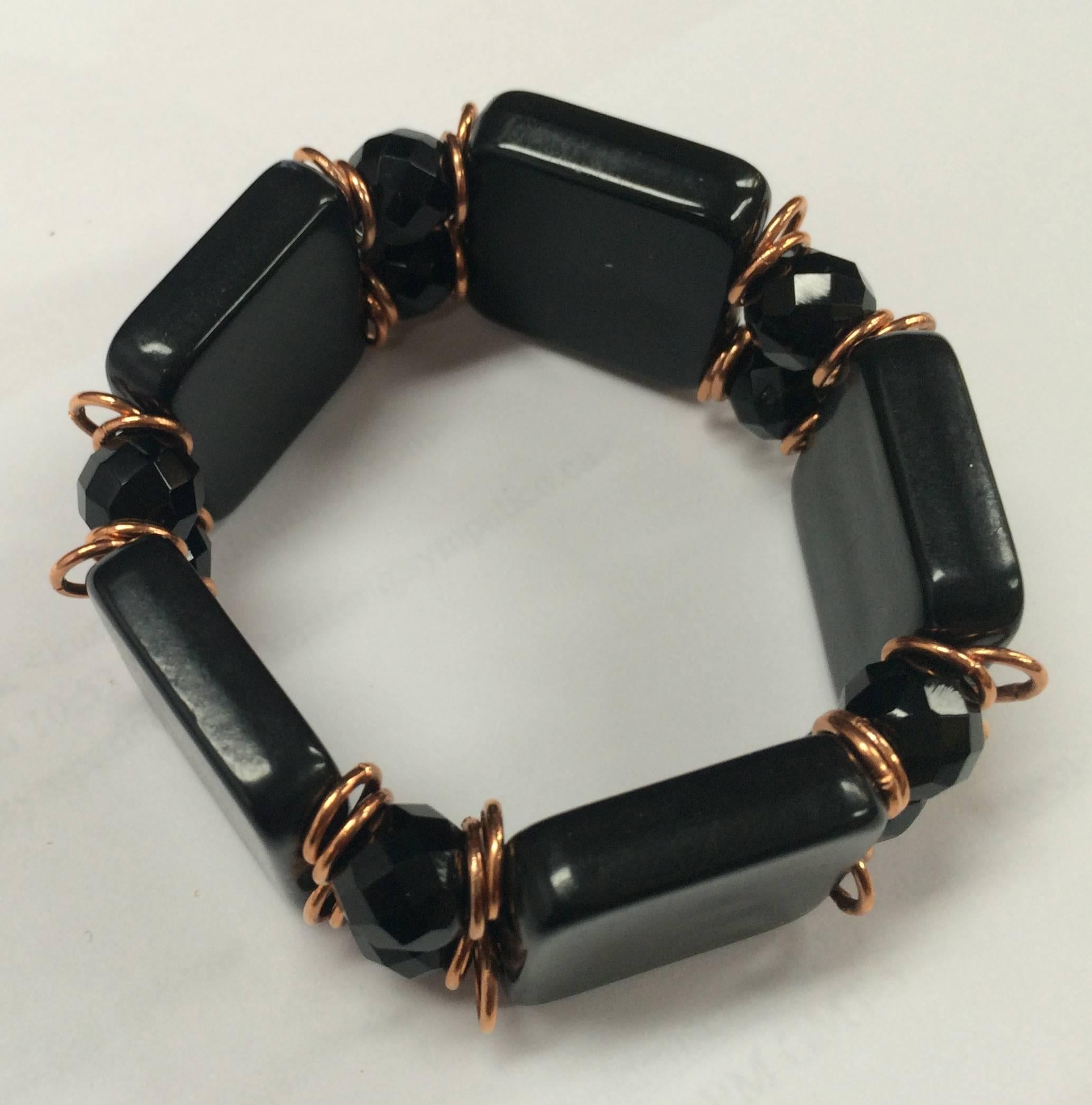 Modernist Mid Century Modern Black Celluloid Disc and Copper Bracelet Estate Fine Jewelry For Sale