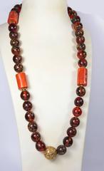 Antique Tibetan Natural Amber Coral and Gold Bead Necklace