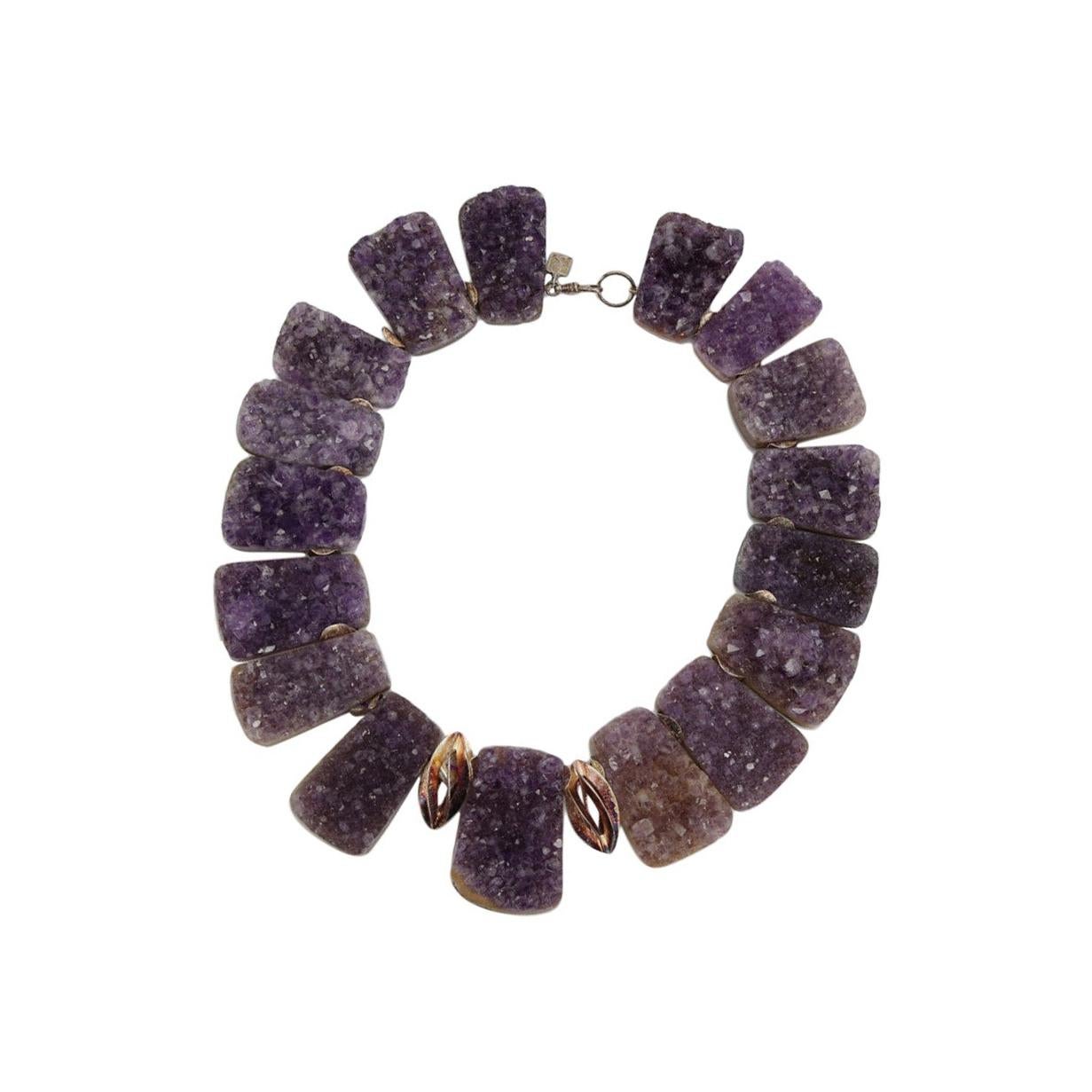 Natürlicher Amethyst Druzy Quarz Sterlingsilber Halskette Nachlass feiner Schmuck (Gemischter Schliff) im Angebot