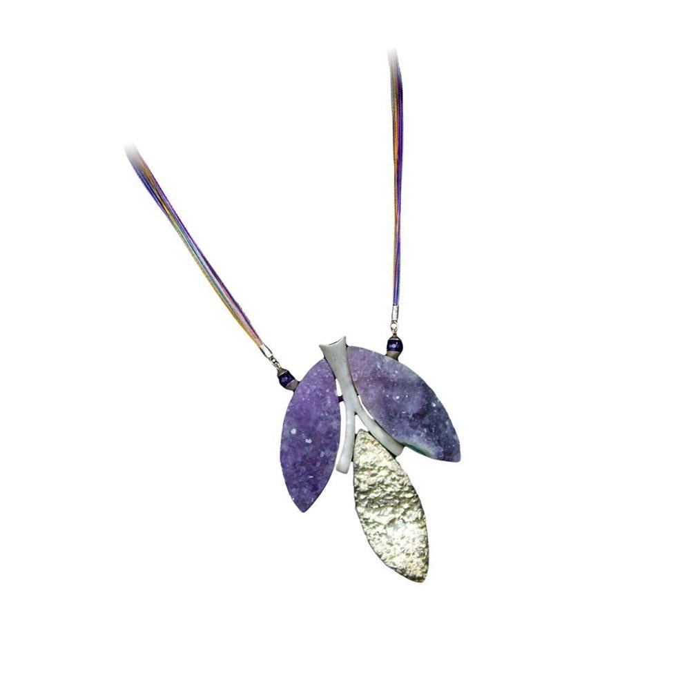 Beautiful One-of-a-Kind Necklace comprising High Quality Natural Rock Amethyst Quartz, centered by a Sterling Silver companion Pendant of like form and texture, suspending from coordinated Multi Colored Stainless Steel Cords. Approx. length of