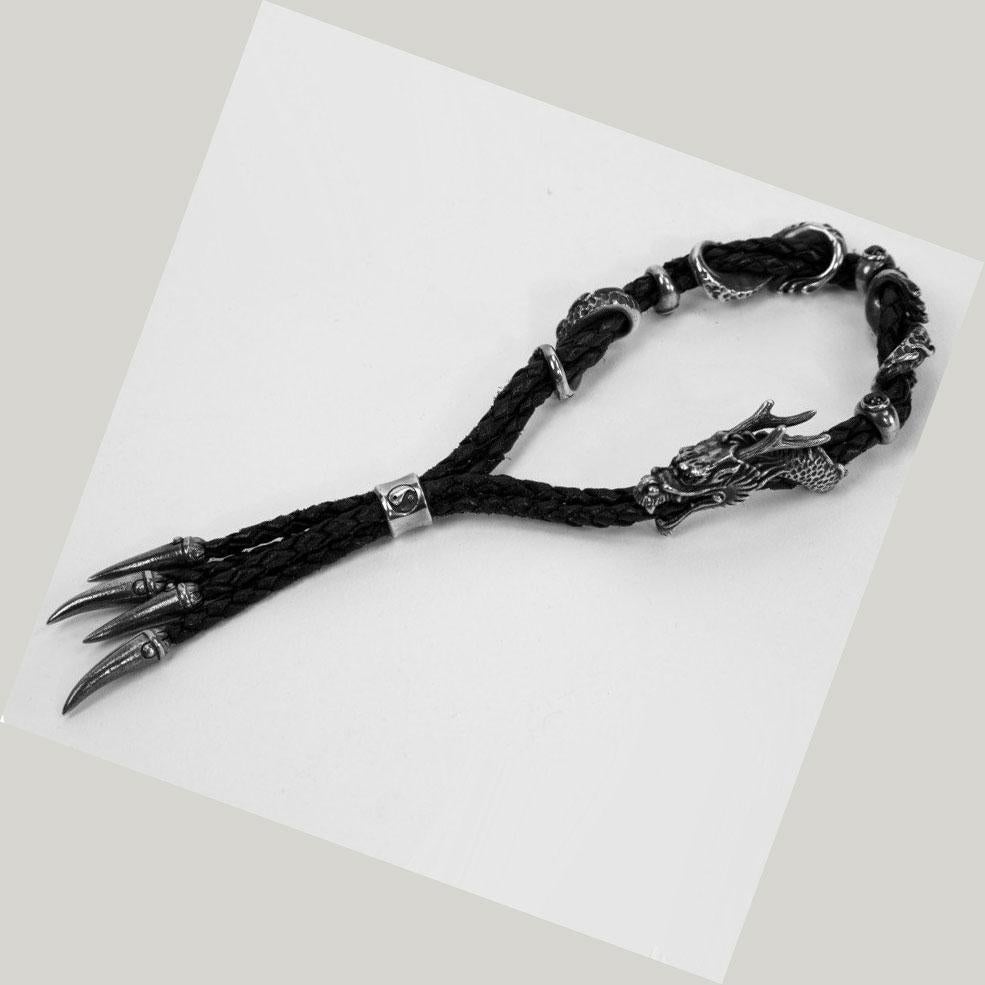 Modernist Punk Sterling Silver Dragon on Braided Leather Bracelet  For Sale