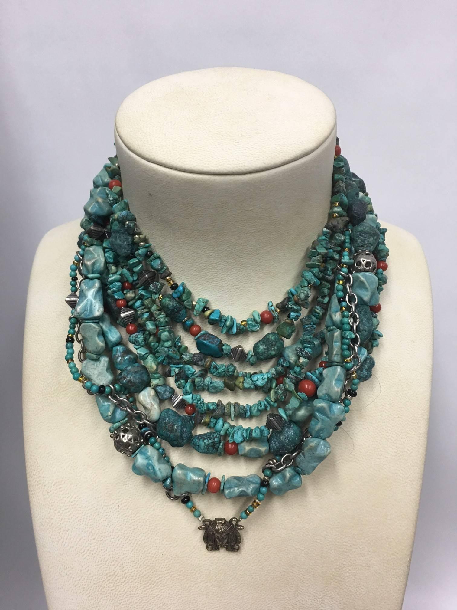 Mixed Cut Turquoise and Coral Sterling Silver Multi-Strand Necklace Estate Fine Jewelry