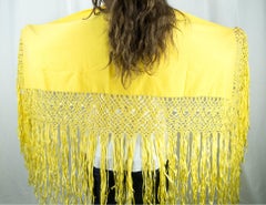 Golden Yellow Wool Hand Woven Silk Fringe Shawl Wrap Estate Find