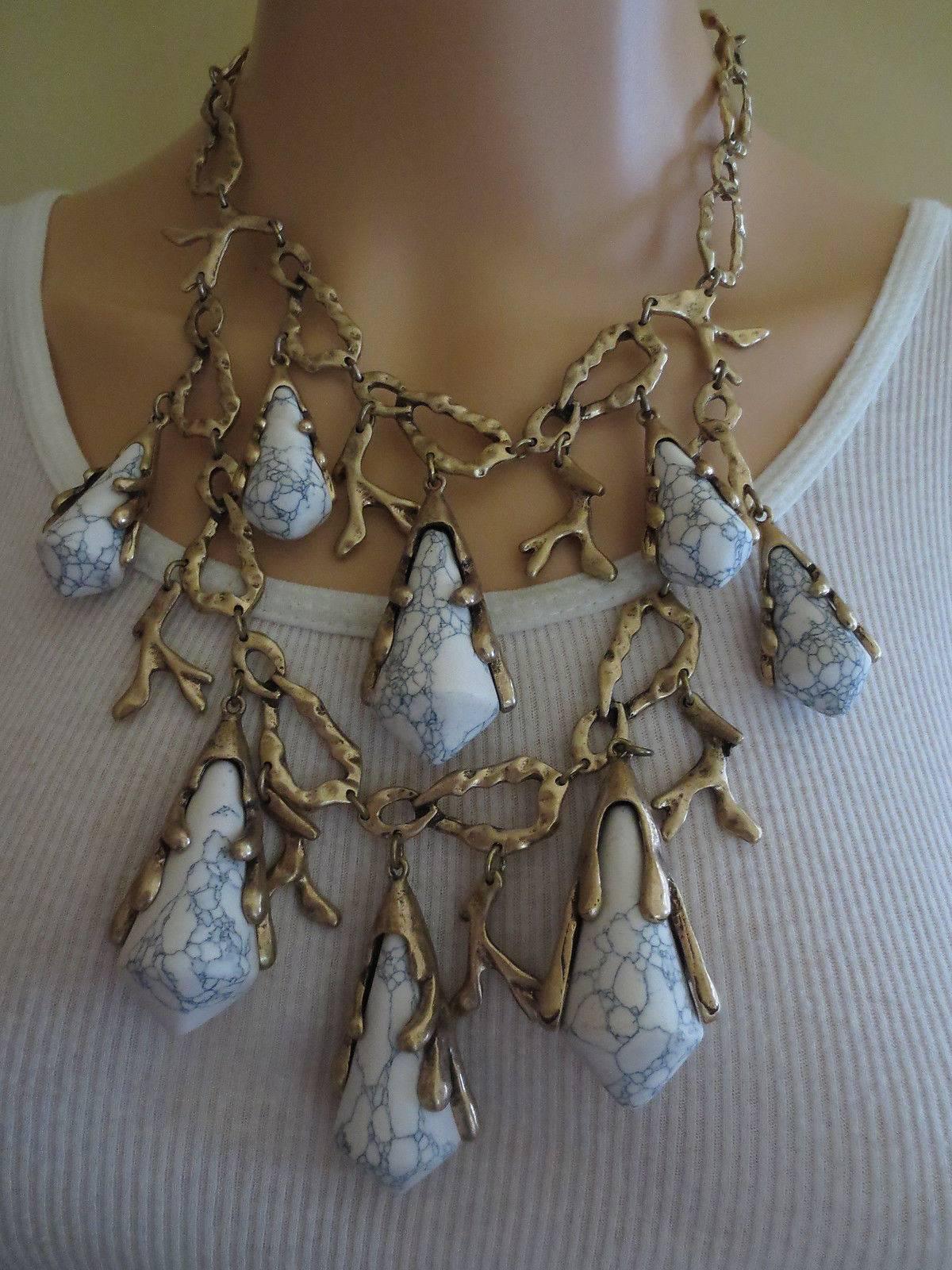 Spectacular signed Oscar De La Renta Runway Necklace set with large oversized blue-gray genuine Alabaster Teardrop Stones!  Approx. 19 inches long, adjustable length; An Exciting and Chic Fashion Statement! 
