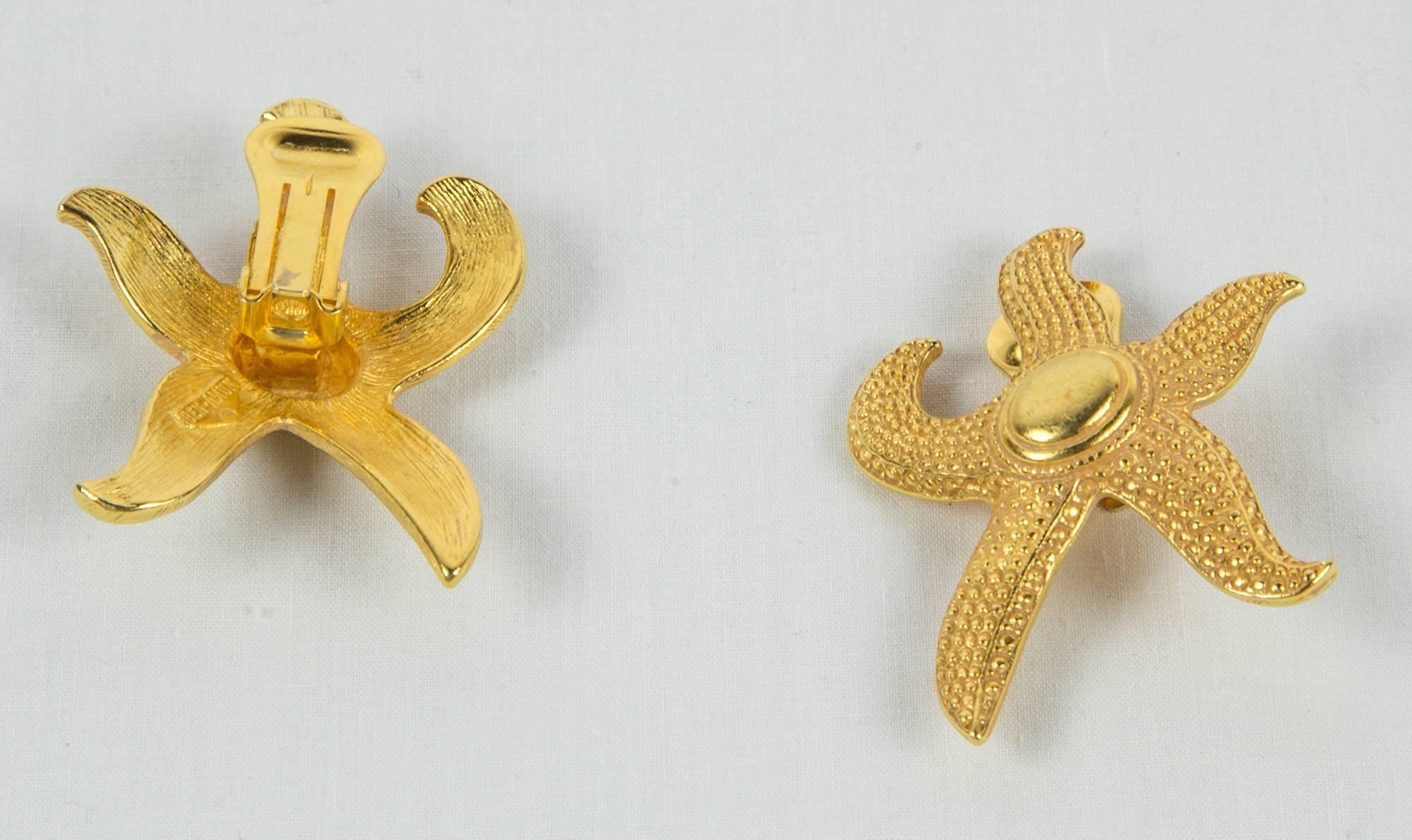 Exceptional statement ear clips in large Starfish design, signed BEN-AMUN.  Intricately textured rich 'ancient-gold’ gilt metal work. Each earring is signed on the underside. Nothing short of jaw-dropping and drool worthy.  Clips both secure and in