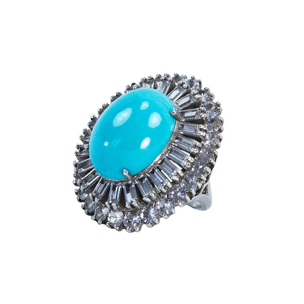 Modernist Vintage Zircon and Faux Turquoise Dujay Sterling Silver Cocktail Ring For Sale
