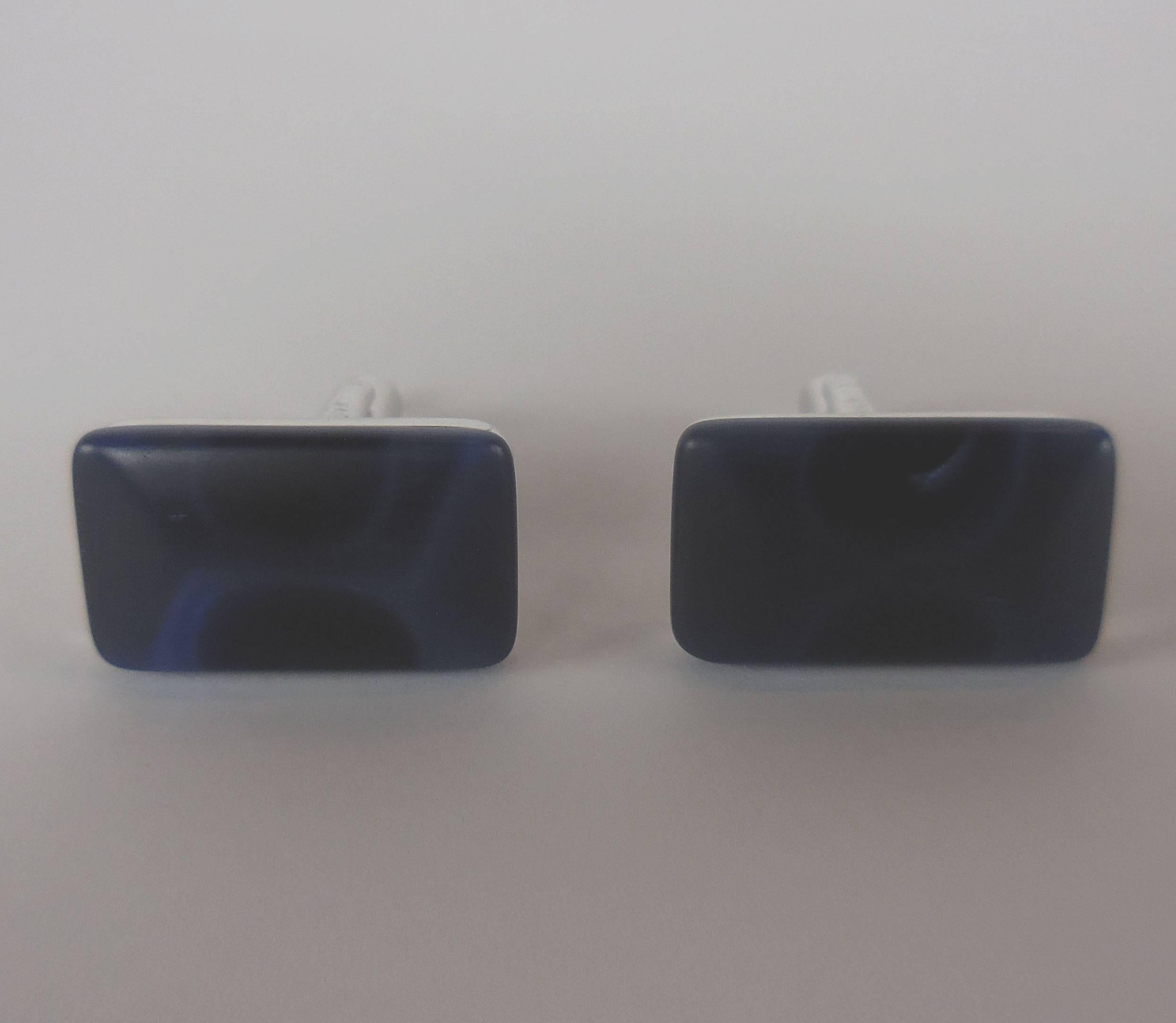 Modern Kenzo Rectangular Cushion Form Faux Blue Tiger-eye Stone Cufflinks
