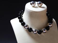 Black Onyx and Sterling Bead Necklace and Earrings Taxco Fine Estate Jewelry