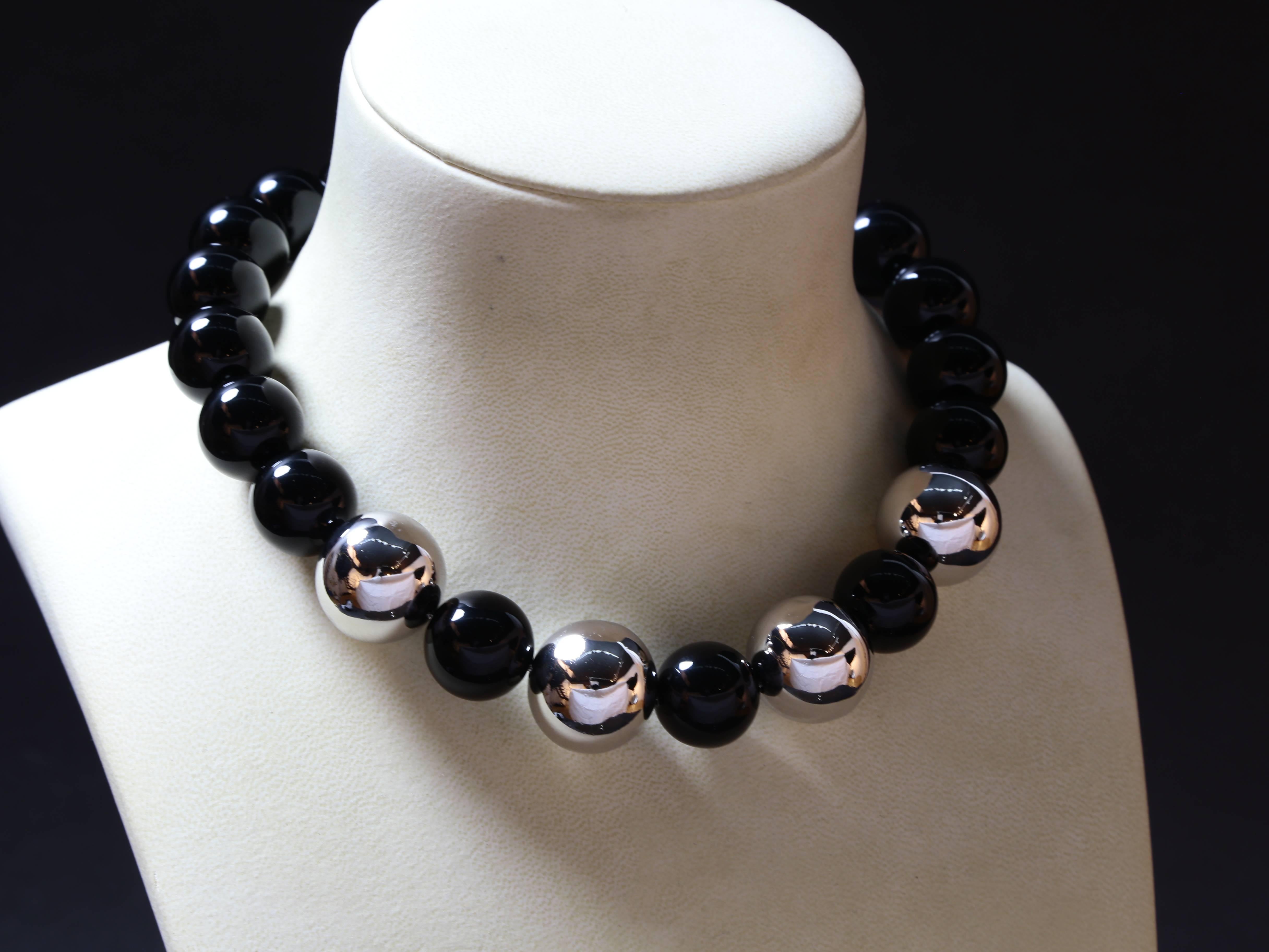 Modern Black Onyx and Sterling Bead Necklace and Earrings Taxco Fine Estate Jewelry