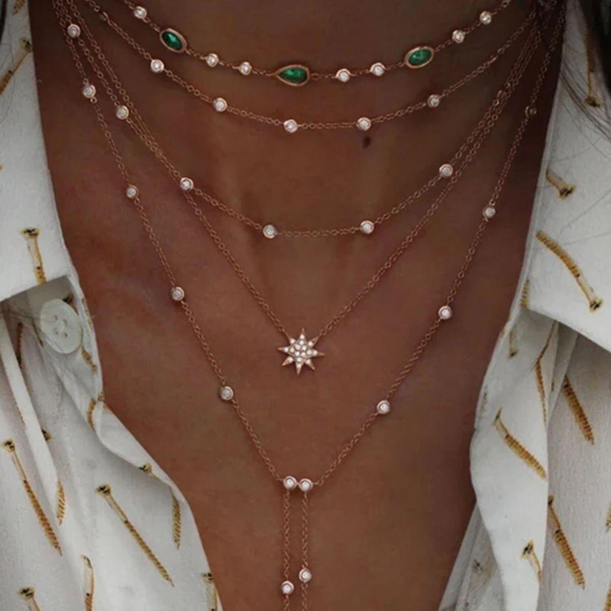 5 Cascading Rows Crystal Gold Tone Multi Layer Vintage Pendants Necklace For Sale