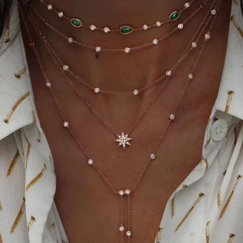 Mixed Cut 5 Cascading Rows Crystal Gold Tone Multi Layer Vintage Pendants Necklace For Sale