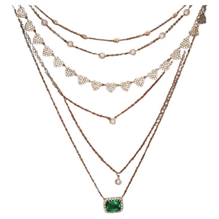 6 Row Multi Crystal Gold Tone Multi Layer Hearts Vintage Pendants Necklace