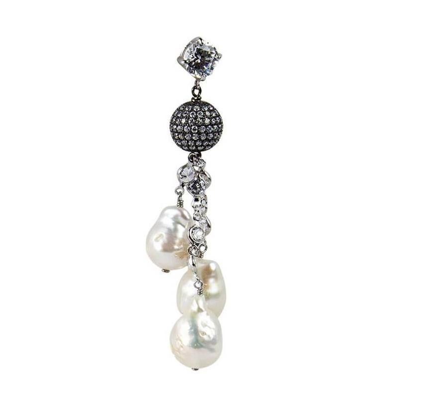 Pearl and CZ Sterling Silver Statement Drop Earrings In New Condition For Sale In Montreal, QC