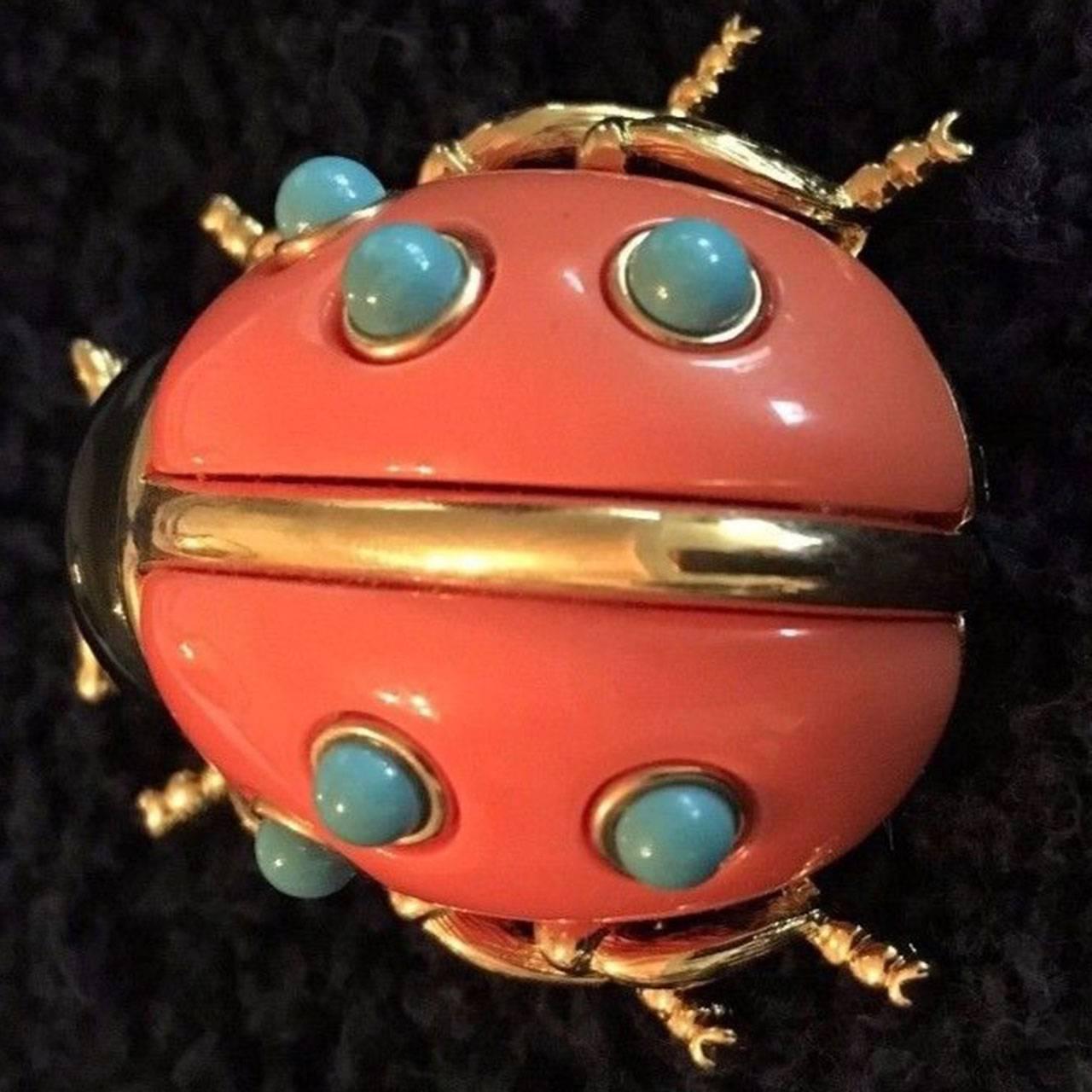 Signed KJL Faux Coral and Turquoise Ladybug Gold tone Brooch Pin by Kenneth Jay Lane. Add pizazz to any outfit!  
