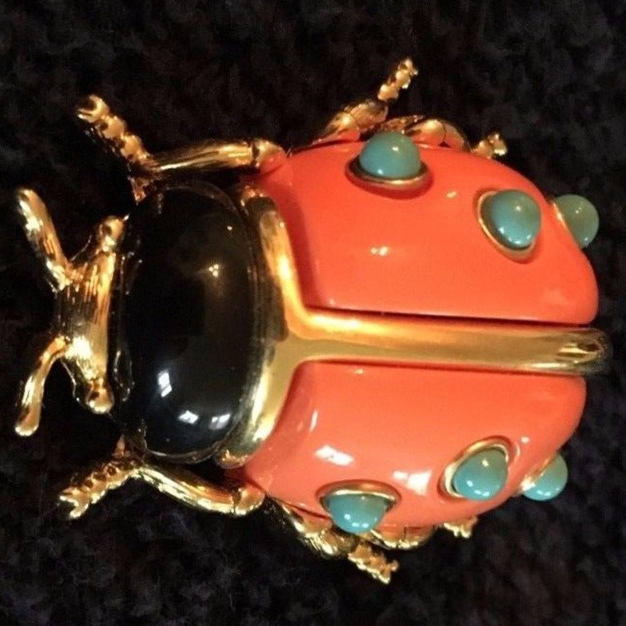 Modernist KJL Faux Coral and Turquoise Kenneth Jay Lane Ladybug Runway Brooch Pin 