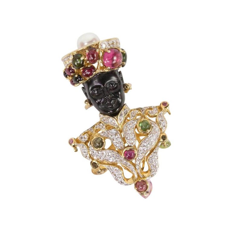 Blackamoor Gem Stone Gilt Sterling Silver Runway Brooch Pin For Sale at 1stdibs