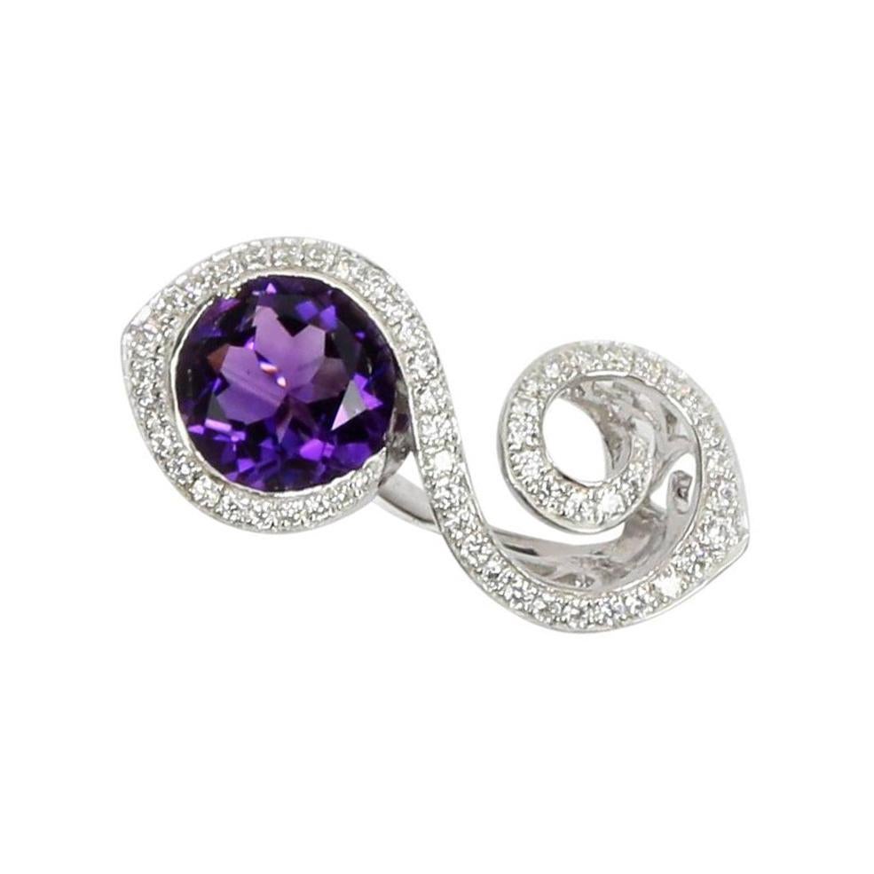 Contemporary Toi et Moi Bypass Amethyst CZ Sterling Silver Rhodium Crossover Ring For Sale