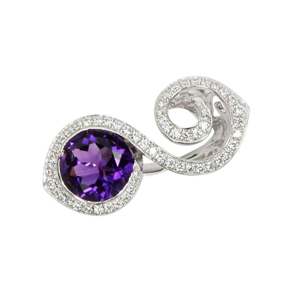 Toi et Moi Bypass Amethyst CZ Sterling Silver Rhodium Crossover Ring In New Condition For Sale In Montreal, QC