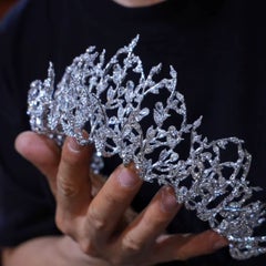 Crystal Zirconia 2-tiered Tiara Crown Leaves Design Unique Statement Headband