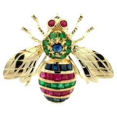Multi Gemstone Emerald, Ruby and Sapphire Gold BEE Vintage Brooch Pin