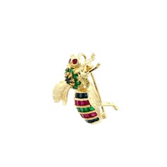 Multi Gemstone Emerald, Ruby and Sapphire Gold BEE Vintage Brooch Pin