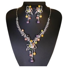 Multi-Pearl and Dazzling Crystal Vintage Statement Draping Necklace and Earrings