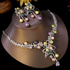 Multi-Pearl and Dazzling Crystal Vintage Statement Draping Necklace and Earrings