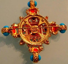 Kenneth Lane KJL Couture Faux Coral Turquoise Byzantine Maltese Cross Brooch Pin