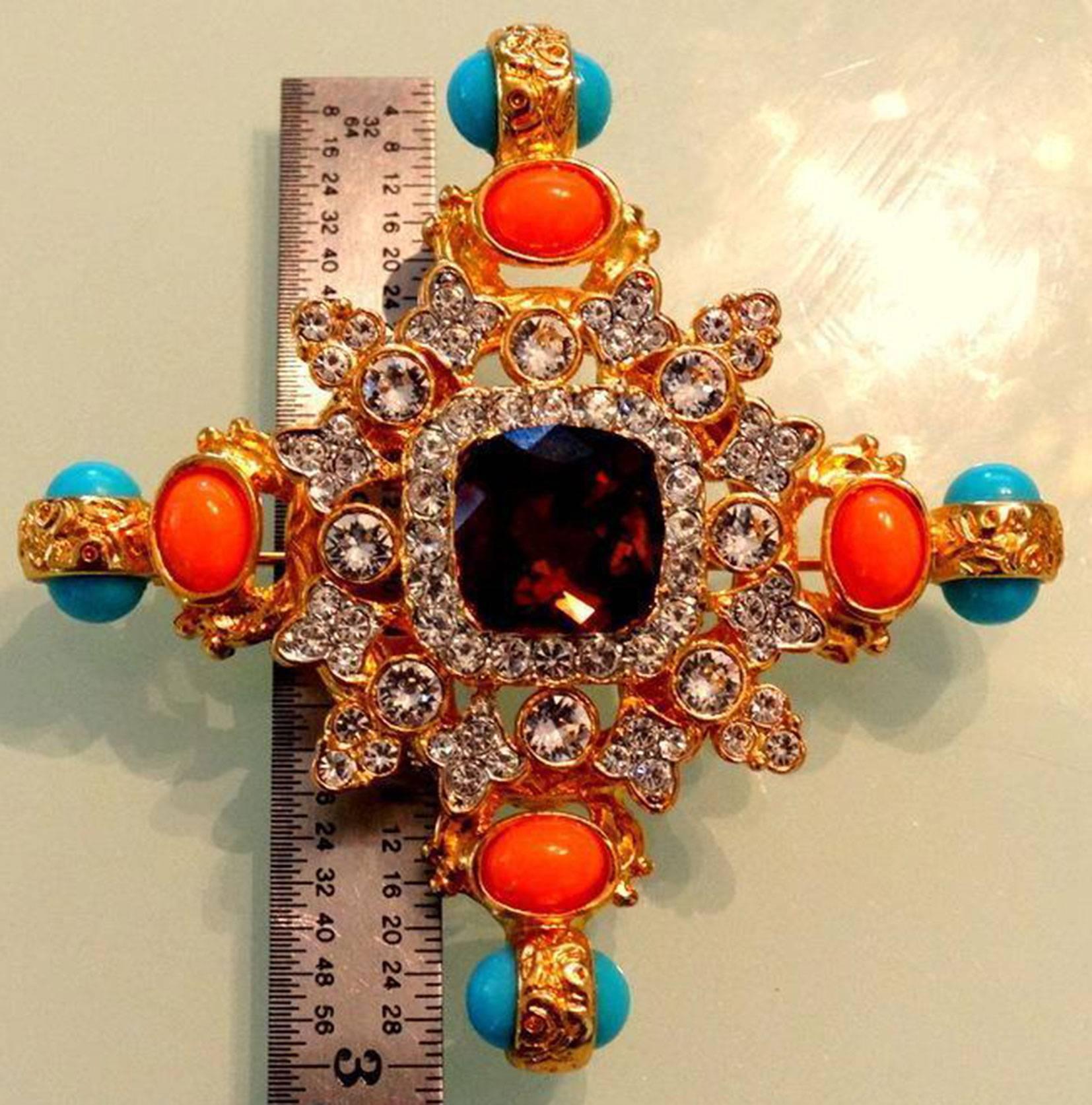 Modernist Kenneth Lane KJL Couture Faux Coral Turquoise Byzantine Maltese Cross Brooch Pin