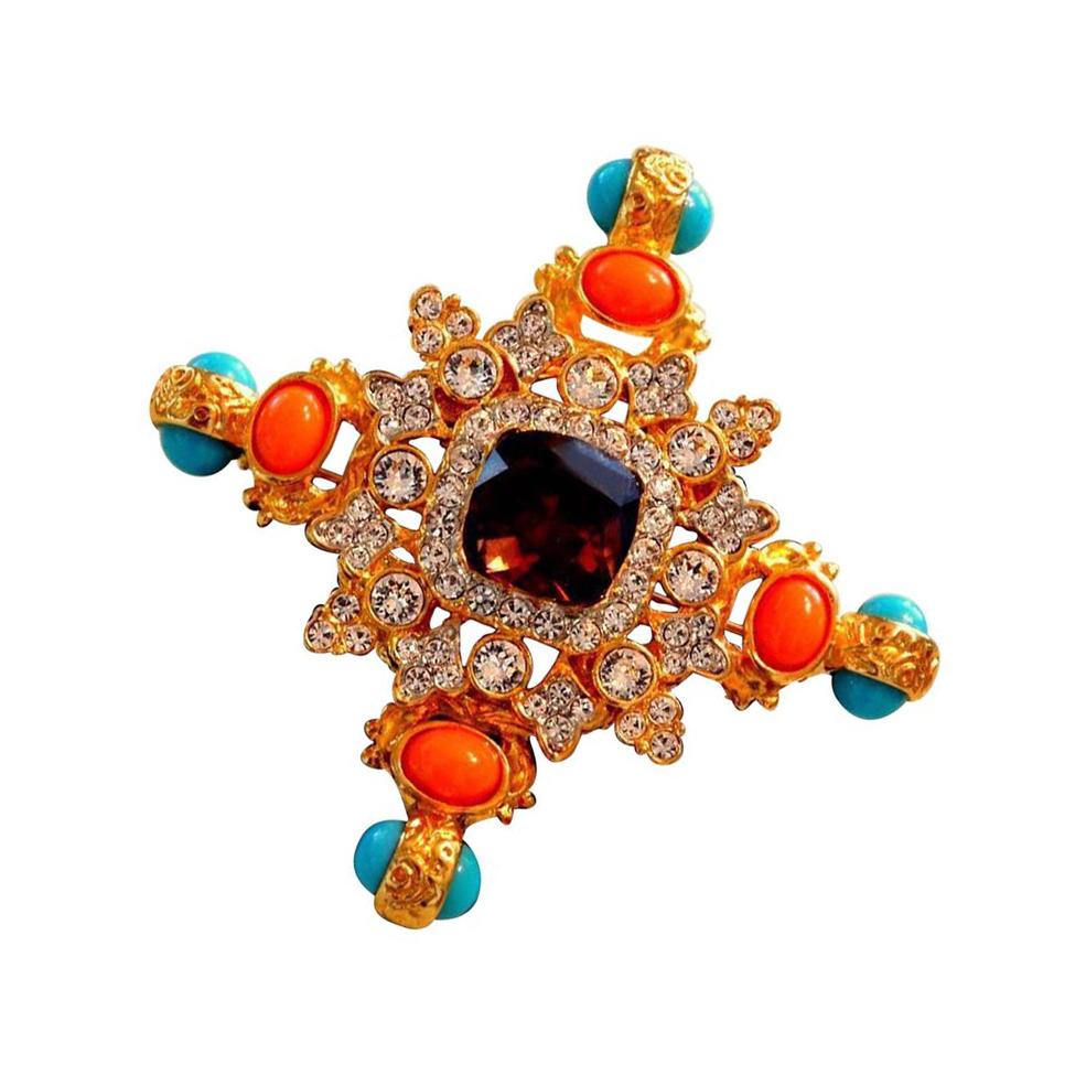 Kenneth Lane KJL Couture Faux Coral Turquoise Byzantine Maltese Cross Brooch Pin In New Condition In Montreal, QC