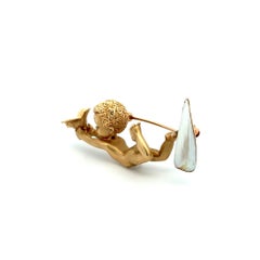 Vintage Cherub Holding a Dove Pearl and Sapphire Gold Brooch Pin
