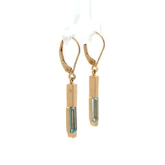 Vintage Baguette Blue Topaz Gold Drop Earrings Fine Estate Jewelry