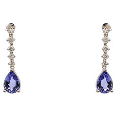 Vintage Pear Tanzanite Gemstone and RBC Diamond Gold Drop Earrings