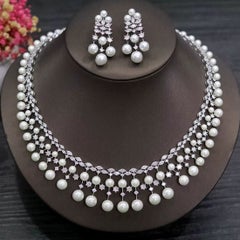 Multi-Pearl and Dazzling Crystal Vintage Statement Necklace and Earrings