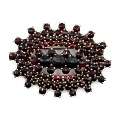 Vintage Bohemian Red Garnet Gold Mosaic Cluster Oval Brooch Pin Fine Estate