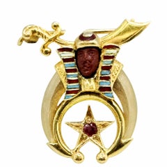 Vintage Jasper and Enamel Gold Egyptian Pharaoh & Sword Brooch
