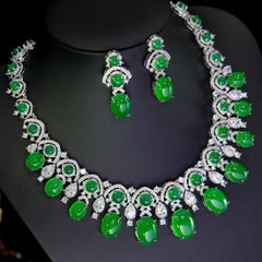 Teardrop Green Agate and Crystal Cubic Zirconia Statement Necklace and Earrings