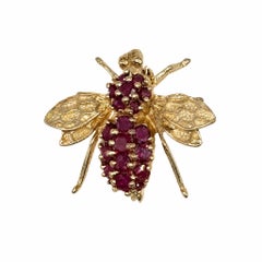 Vintage Ruby Gold Bee Brooch Pendant Fine Estate Jewelry