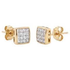 Vintage Invisible Princess Diamond Gold Cluster Square Earrings